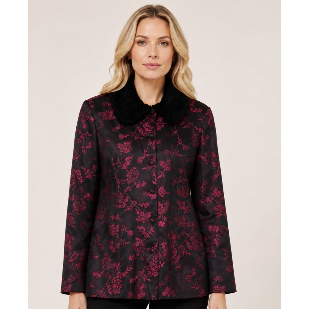 McClintock Collections Jacket Botanical Magenta Floral Brocade Faux Fur Size 14